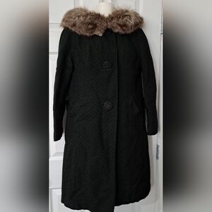 Vintage Green Dress Coat with Fur Collar